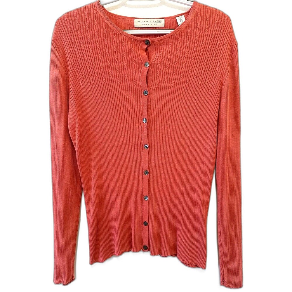 Valerie Stevens Pure Silk Button Front Cardigan Sweater Medium Salmon Pink